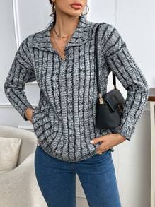 Aveloria Marled Knit Half Zip Drop Shoulder Knit Pullover Fall Winter Sweater - Multicolor - View 5