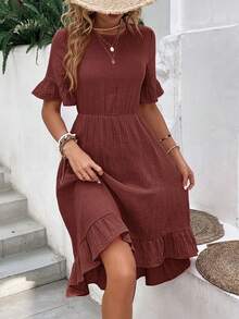 SHEIN LUNE Vestido de manga amplia bajo con fruncido - Rosa Roja - Ver 3