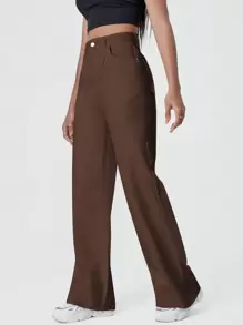 SHEIN EZwear Quần jean nữ Nút Túi Dây kéo màu trơn - Màu nâu Sô-cô-la - Xem 3