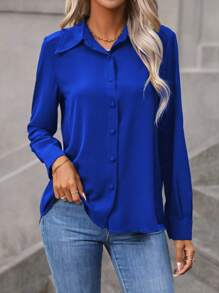 EMERY ROSE Solid Button Front Shirt,Long Sleeve Tops Fall Cloth For Women - Royal Blue - View 5