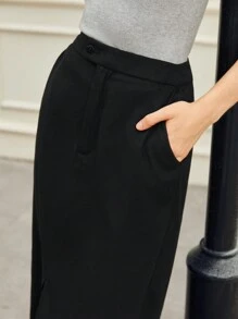 BizChic 女式黑色纯色前开衩 A 字型休闲基本款中长裙，秋冬款 - 黑色 - 查看 6