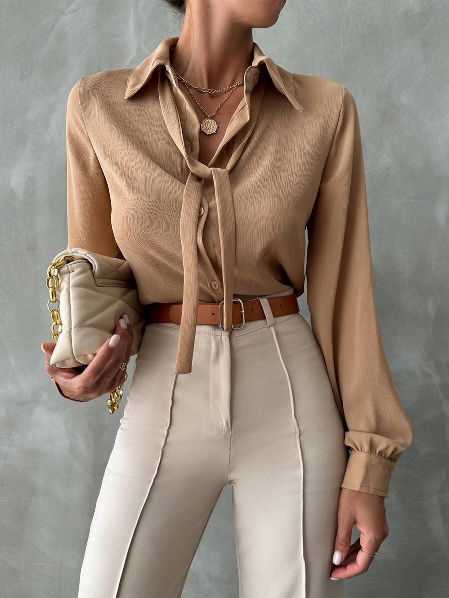 EURMUSE 素色繫帶領燈籠袖襯衫 - 棕色 - 查看 1