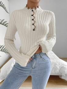 SHEIN LUNE 荷叶边纽扣前襟罗纹针织套头衫秋冬毛衣 - 米色 - 查看 6