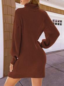 Women Lightweight Turtleneck Sweater Dress Ladies Dressy Casual Ribbed Knit Long Sleeve Midi Dress - Rust Brown - View 4