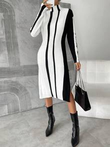 SHEIN Frenchy Striped Pattern Split Thigh Sweater Dress Without Belt - Black and White - View 5