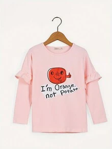 Chica Joven Camiseta con estampado de slogan y dibujos animados ribete con fruncido - Rosa - Ver 1