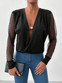 EURMUSE Contrast Dobby Mesh Sleeve Plunging Neck Blouse - Black - View 5