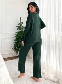 RueChic Ensemble de tenue de détente avec t-shirt à épaules tombantes avec motif lettre et pantalon - Vert - Voir 2