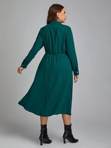 SHEIN Clasi Plus Solid Belted Shirt Dress - Green - View 2