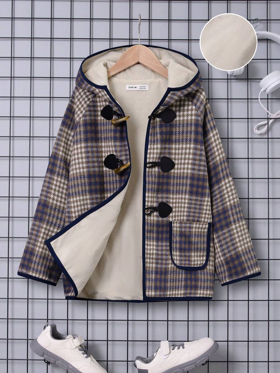 SHEIN 男大童格紋雙口袋插肩袖連帽粗呢大衣 - 彩色 - 查看 1