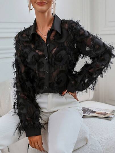 SHEIN Clasi Fuzzy Trim Button Front Shirt,Long Sleeve Tops Fall Cloth For Women