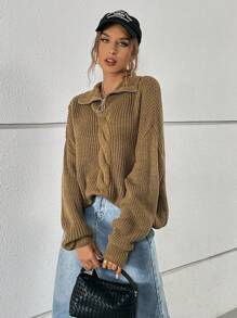 SHEIN Essnce Cable Knit Drop Shoulder Sweater - Brown - View 1