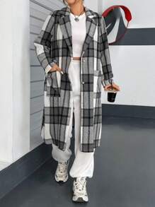 Flirla 大碼格紋印花西裝領花呢外套 - 黑與白 - 查看 1