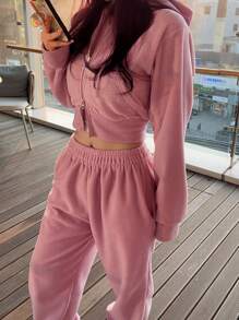 DAZY 女性實色束腰連帽衛衣和長褲套裝 - 粉色 - 查看 3
