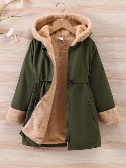 SHEIN Tween Girl Drawstring Waist Hooded Teddy Lined Padded Coat