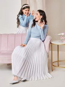 SHEIN Tween Girl Mock Neck Gigot Sleeve Tee - Blue - View 5