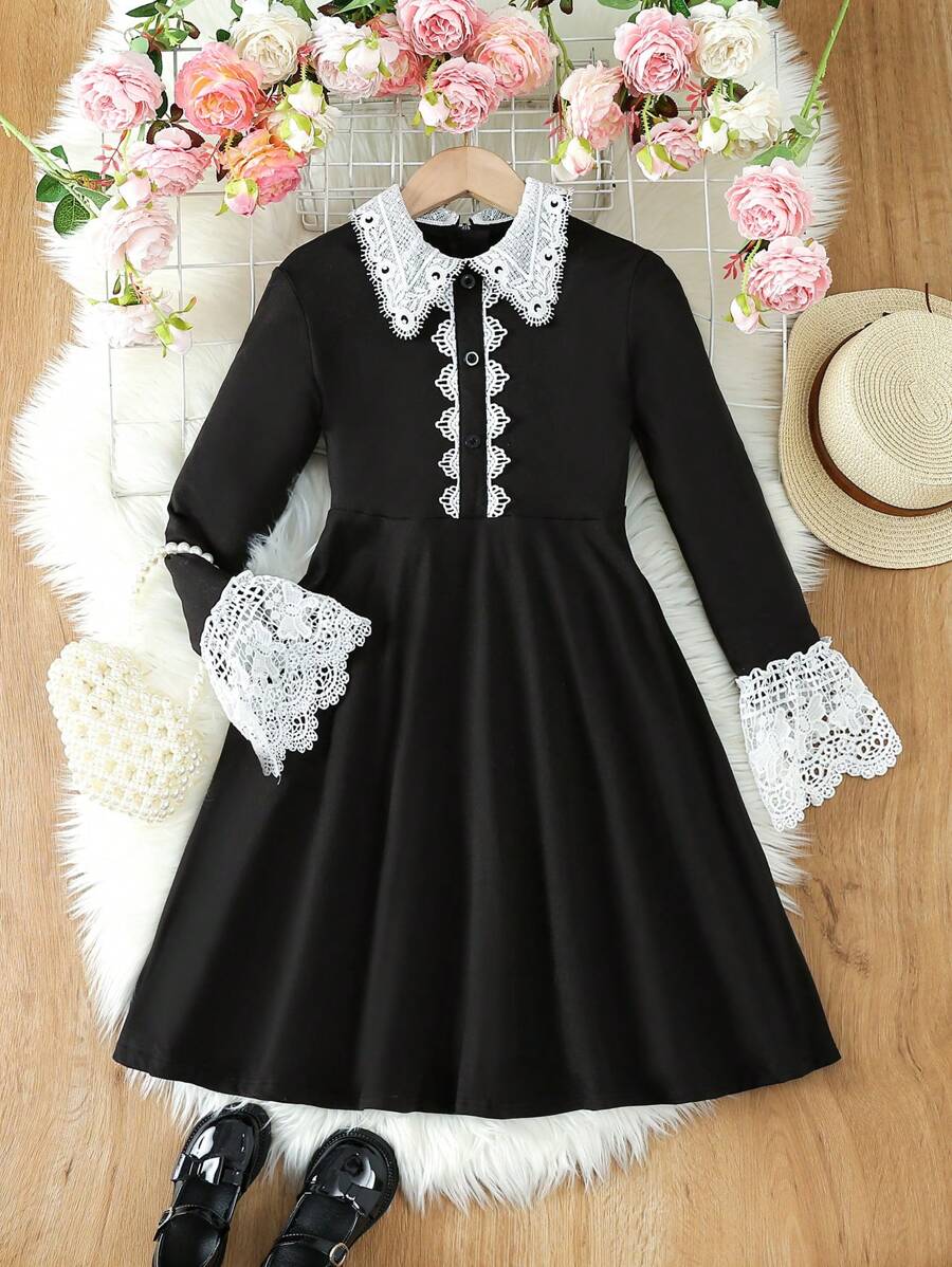 SHEIN 女大童撞色蕾絲喇叭袖洋裝 - 黑色 - 查看 1