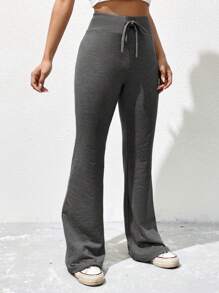 SHEIN EZwear 素色腰部抽繩喇叭衛褲 - 深灰色 - 查看 4