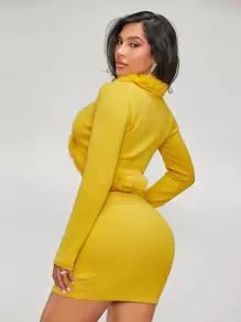 SHEIN SXY Fuzzy Trim Tie Front Crop Cardigan & Knit Skirt - Mustard Yellow - View 2