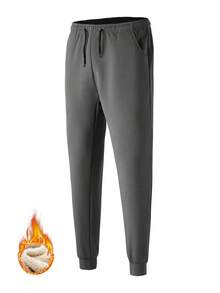Men Drawstring Waist Thermal Lined Sweatpants - Grey - View 3