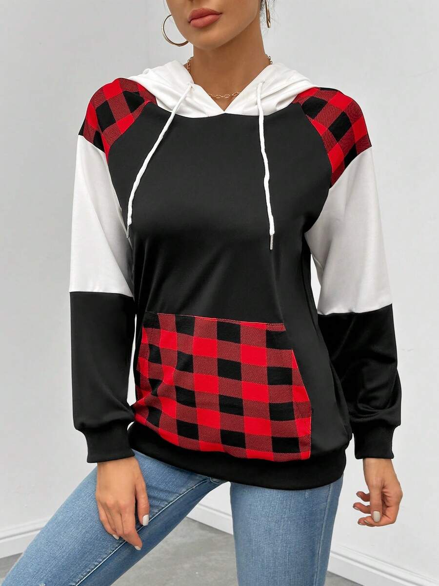 SHEIN Essnce Plaid Print Colorblock Drawstring Hoodie - Black - View 1