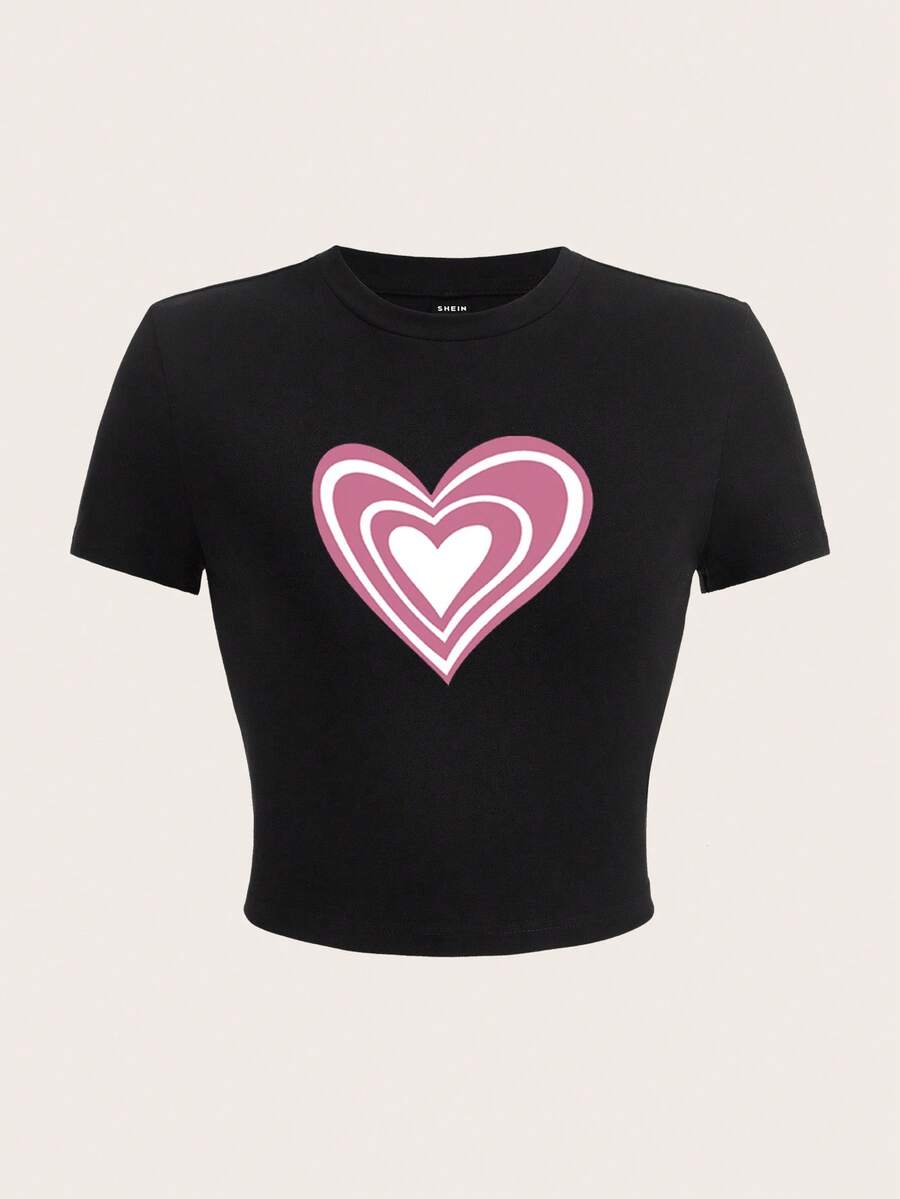 SHEIN EZwear Camiseta corta con estampado de corazones - Negro - Ver 1