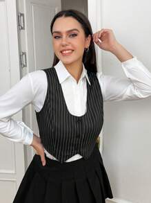 SHEIN EZwear 大碼細條紋印花馬甲西裝外套無襯衫 - 黑色 - 查看 5