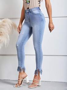 SHEIN LUNE Fringe Hem Ripped Skinny Jeans - Light Wash - View 5