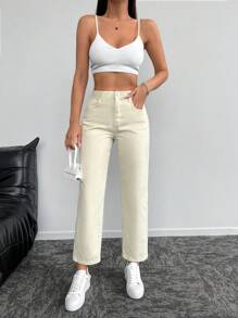 EURMUSE High Waist Straight Leg Cropped Jeans - White - View 3