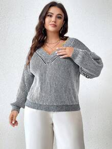 SHEIN Unity Áo len chui đầu dáng rộng cổ chữ V tay dài họa tiết sọc đen trắng cỡ lớn dành cho nữ, mùa thu/đông - Đen và trắng - Xem 5