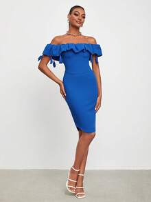 Ashanti Andrews Off Shoulder Tua Viền Ruffle Váy bodycon - Màu xanh lam - Xem 4