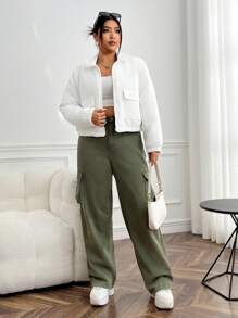 SHEIN EZwear Plus Flap Pocket Drop Shoulder Zipper Corduroy Padded Coat