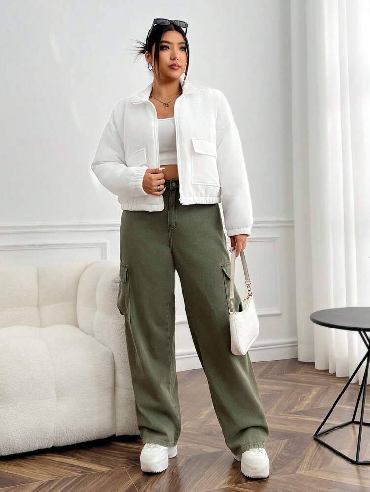 Plus Flap Pocket Drop Shoulder Zipper Corduroy Padded Coat