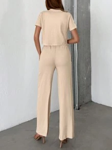 RueChic unicolor con botón delantero Camisa & de cintura con cordón Pantalones