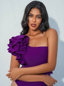 Swim Chiccia Summer Beach Ruffle Trim One Shoulder One Piece Swimsuit - Purple - View 6