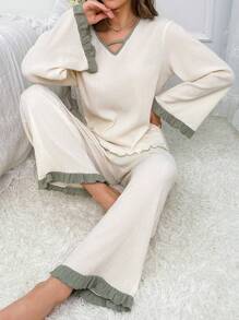 撞色荷叶边袖睡衣套装/睡衣套装，秋季服装 - 杏色 - 查看 1