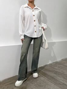 Chiquease 落肩袖口袋貼布前紐扣落肩袖襯衫 - 白色 - 查看 5