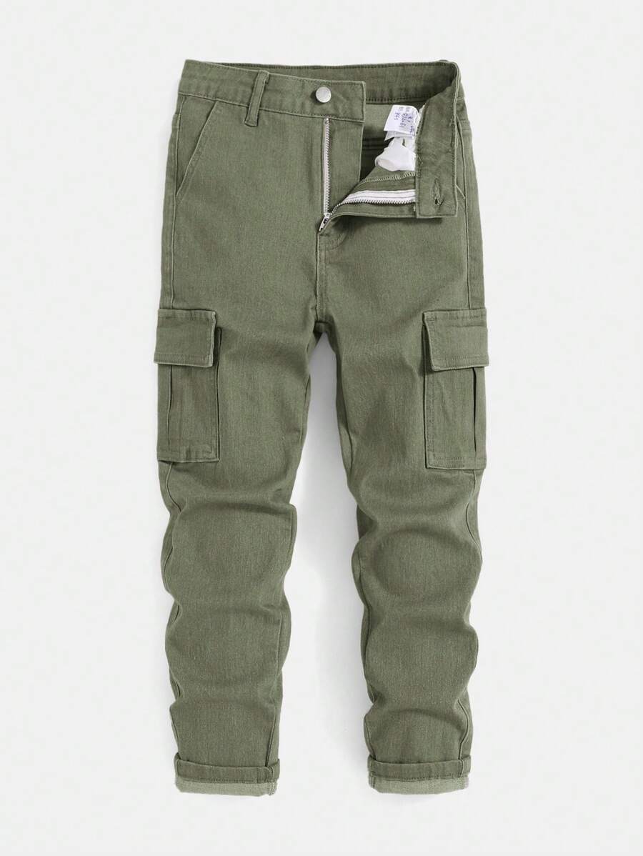 SHEIN Tween Boy Casual Flap Pocket Denim Jeans, Versatile Stylish Suitable For Spring And Autumn Daily Wear And Outing - Army Green - View 1
