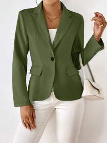 SHEIN Essnce 素色單釦西裝外套 - 軍綠色 - 查看 6