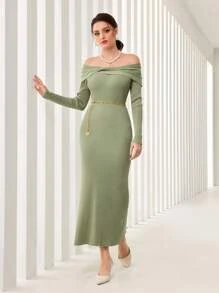 Modelyn 一字肩折邊毛衣洋裝不附腰帶 - 綠色 - 查看 1