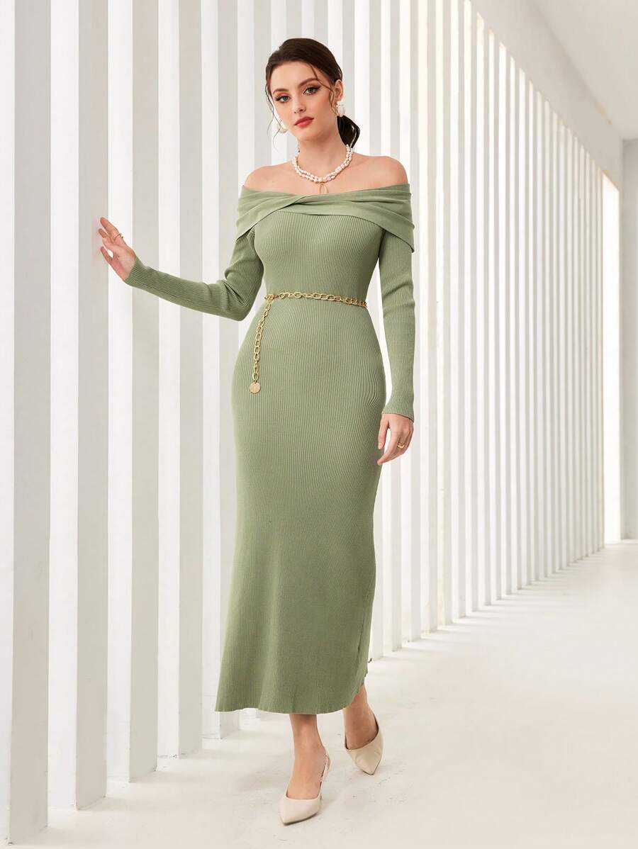 Modelyn 一字肩折邊毛衣洋裝不附腰帶 - 綠色 - 查看 1