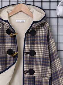 SHEIN 男大童格紋雙口袋插肩袖連帽粗呢大衣 - 彩色 - 查看 7