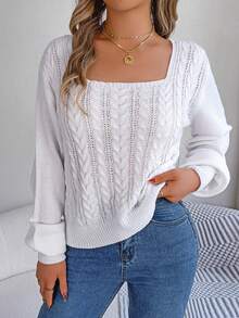 Square Neck Cable Knit Lantern Sleeve Sweater - White - View 6