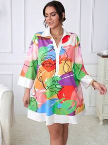 Calvaya 大碼圖圖形正面鈕扣襯衫洋裝 - 杏色 - 查看 1