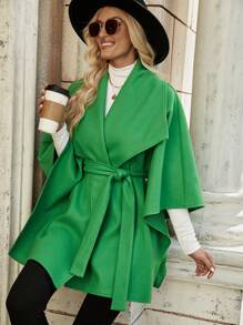 Chiquease Manteau Col Cascade Manches Chauve-Souris Ceinturé - Vert - Voir 4