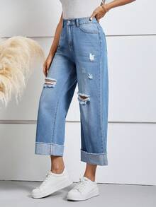 SHEIN LUNE Rách Cuộn lên Hem Rách Quần legging thẳng - Rửa trung bình - Xem 3