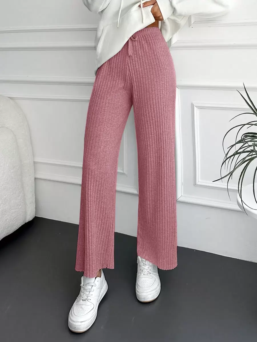 EURMUSE Cotton Solid Ribbed Knit Straight Leg Pants - Pink - View 1
