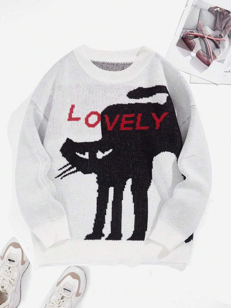 Plus Letter & Cartoon Pattern Drop Shoulder Sweater Knit Pullover Fall Winter Sweater