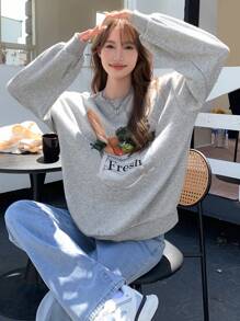 DAZY Pullover mit Buchstaben- und Gemüseprint, Oversized Passform, Herbstkleidung Sweatshirt