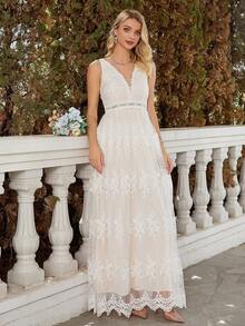 Floral Embroidery Mesh Overlay Maxi Wedding Dress - Apricot - View 5